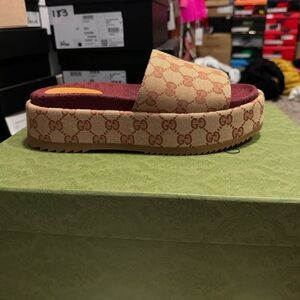 Gucci Beige Monogram Slide Sandals
